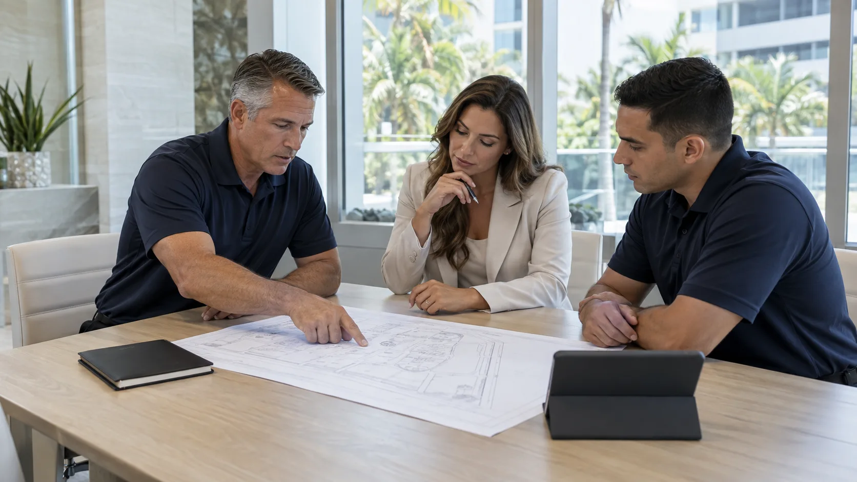 Illustrative security planning meeting with a team reviewing a site plan